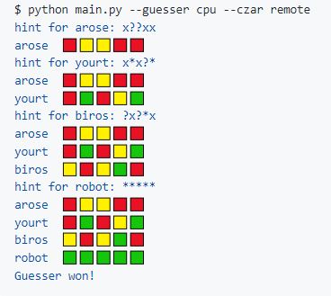 Example output: WordleBot solves a puzzle with the secret word "robot" in 4 guesses.